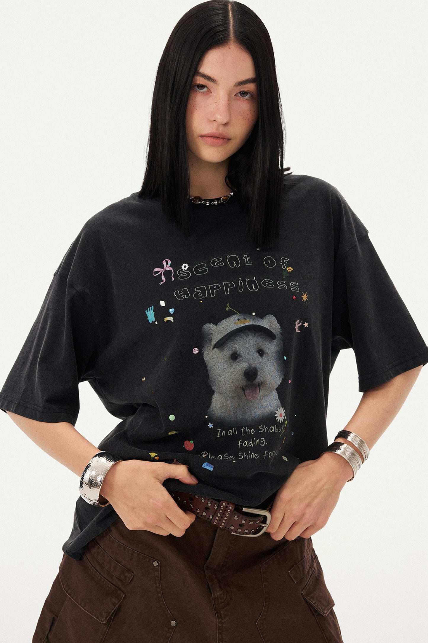 Rhinestone Cartoon Dog Drop Shoulder T-Shirt