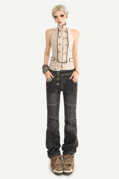Sleeveless Backless Double-Breasted Halter Vest
