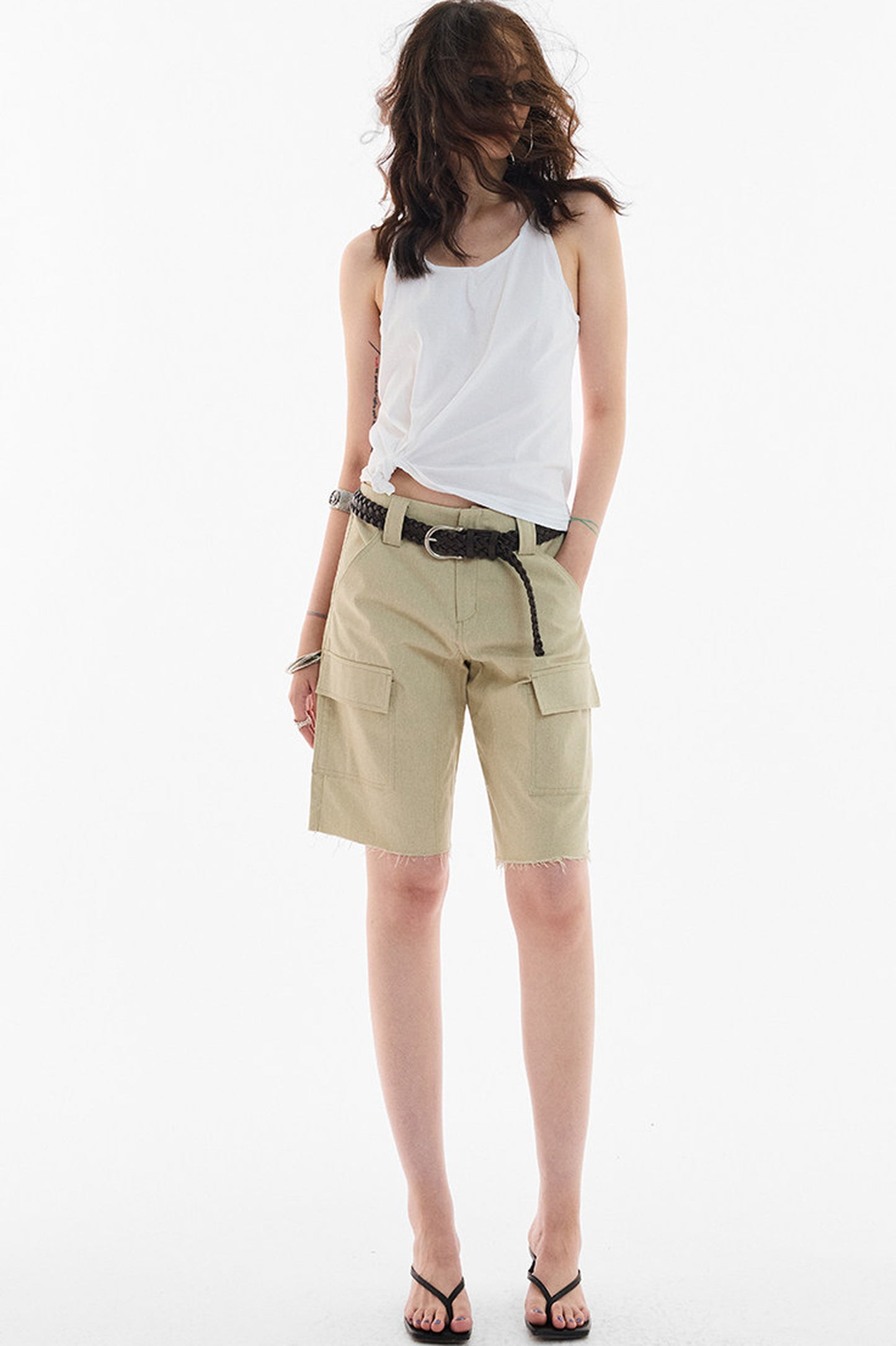 Khaki Workwear Straight-Leg Frayed Hem Pants