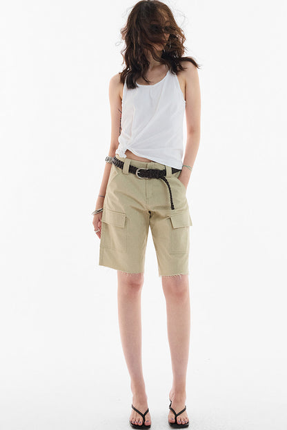Khaki Workwear Straight-Leg Frayed Hem Pants