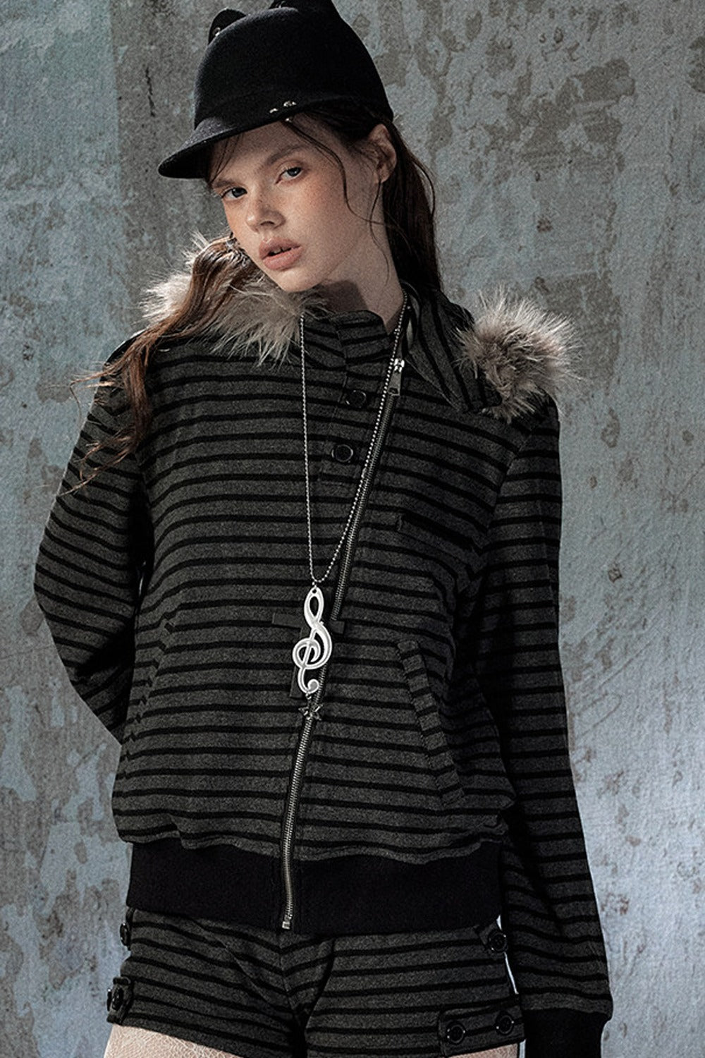 Fur Collar Striped Jacket