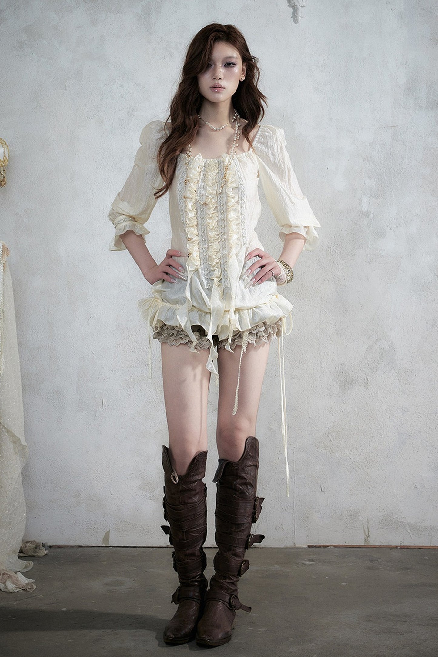 Ruffle Ribbon Puff Sleeve Blouse