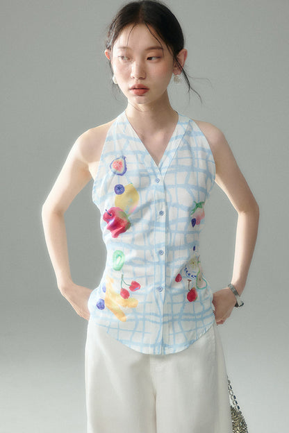 Fruit Print Halter Top and Skirt Set-Up