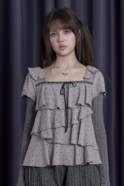 Gray-Purple Cake-Style Ruffle Long-Sleeved Knit Top