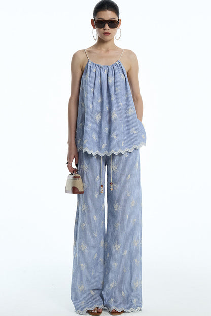 Gray-Blue Jacquard Halter Camisole and Shorts Set-Up