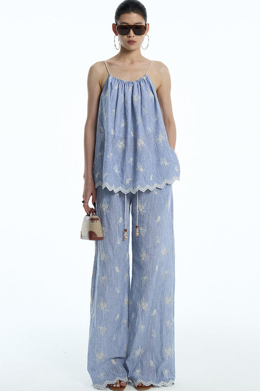 Gray-Blue Jacquard Halter Camisole and Shorts Set-Up