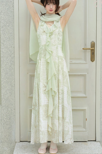 Ruffled Chiffon Grid Long Dress