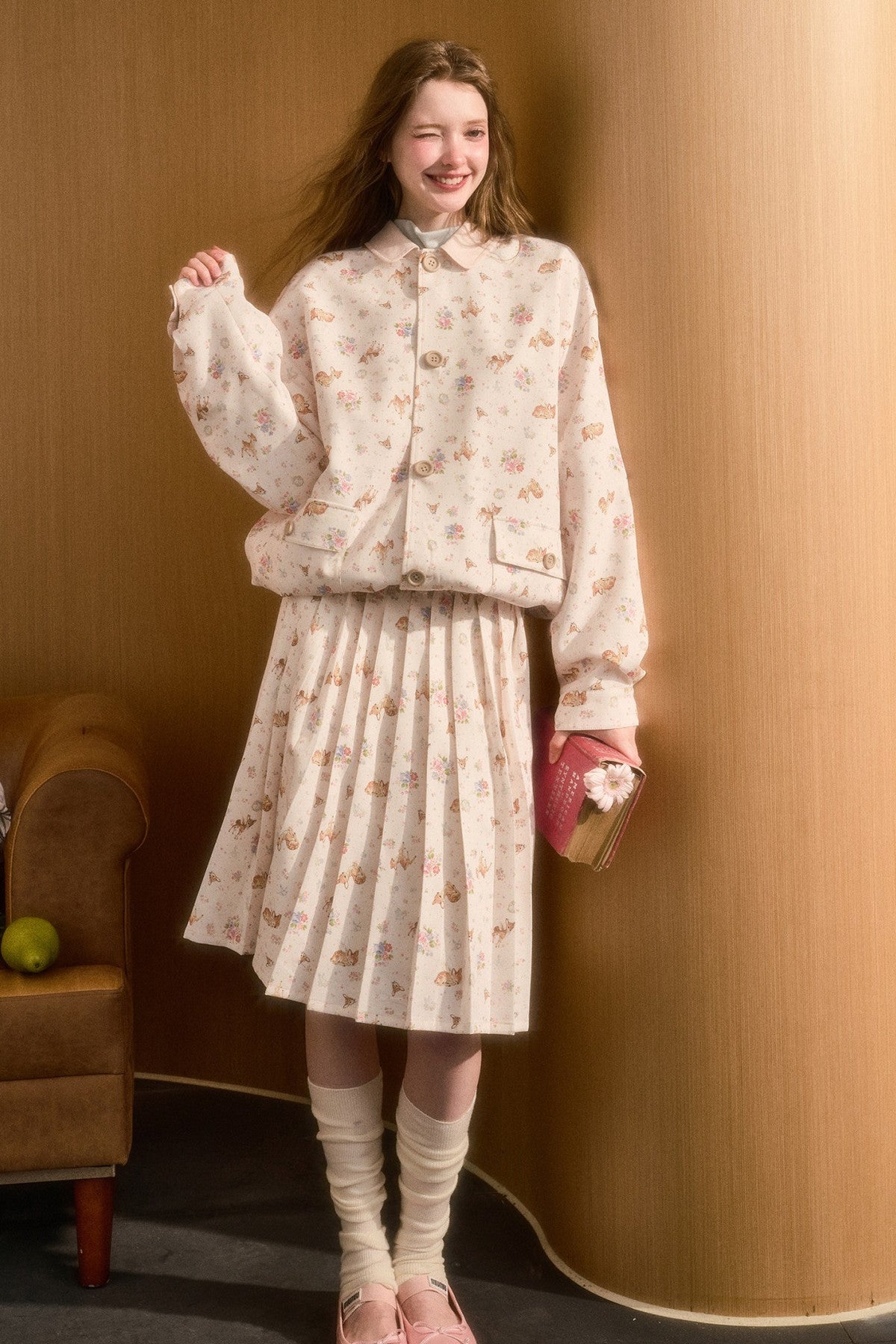 Elastic Waist Deer A-Line Pleated Skirt