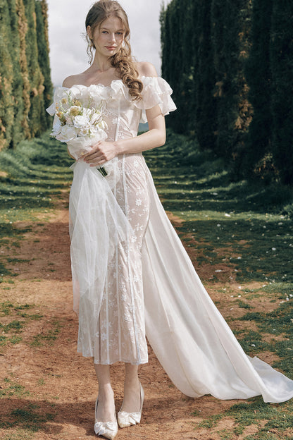 Lace French Retro Off-Shoulder Fishbone Dress