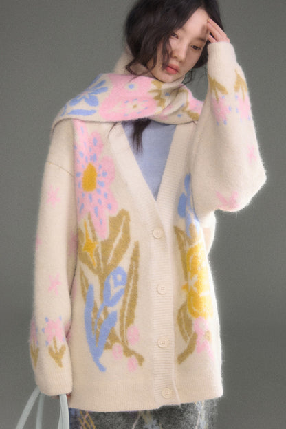 Ear-Flap Bird Tulip Jacquard Wool Cardigan