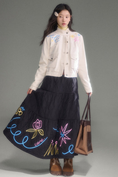 Floral Embroidered Quilted A-Line Tiered Skirt