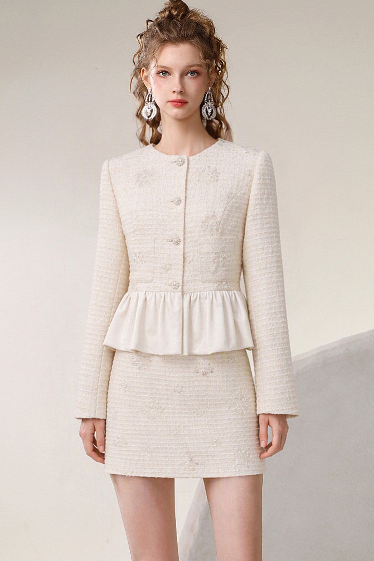 Elegant Round-Neck Jacket and Skirt Set