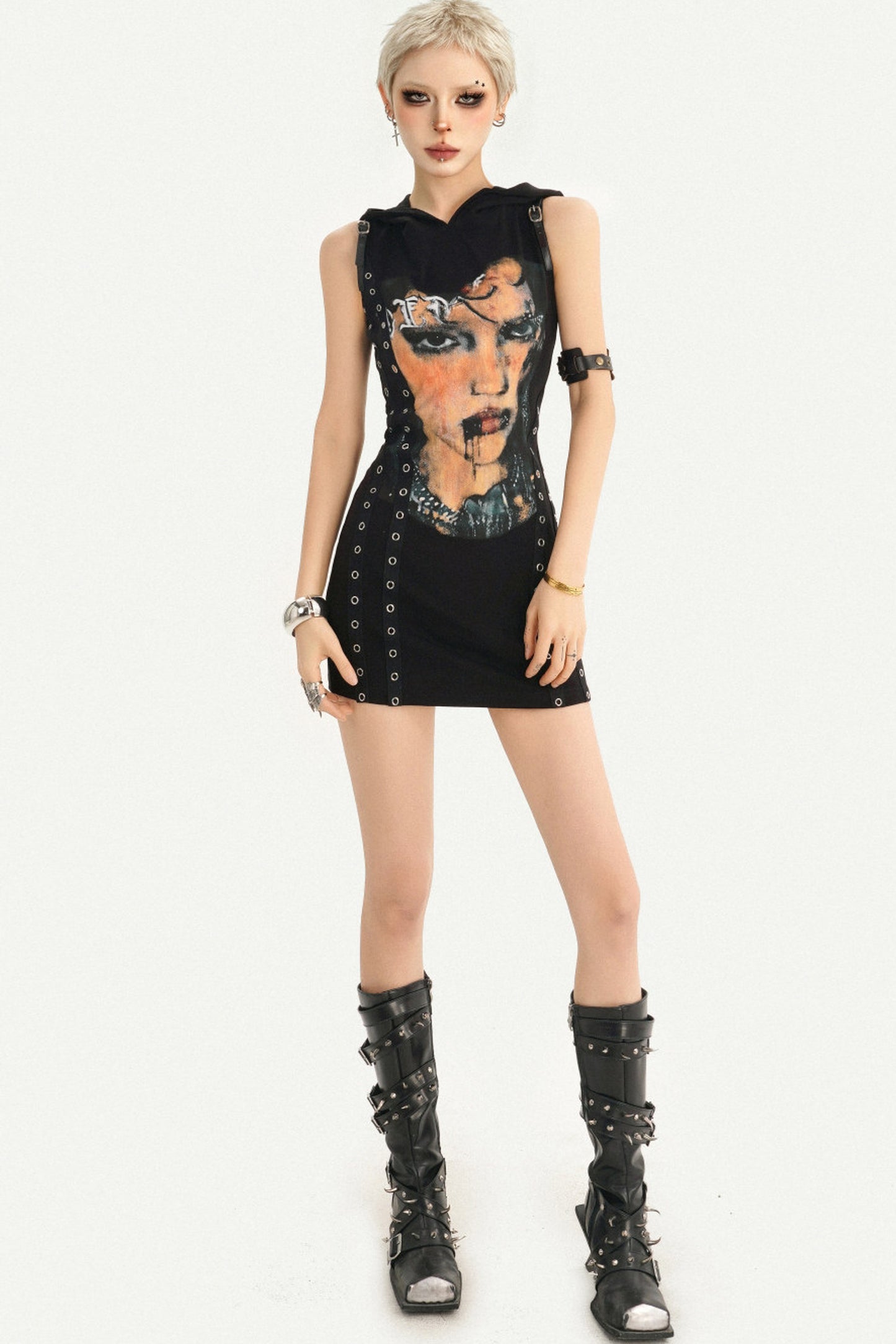 Punk Rivet Printed Hooded Dress