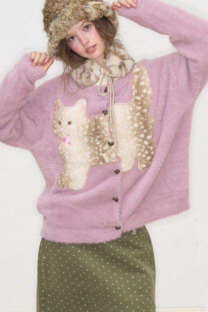 Purple Cat Patch Embroidery Cardigan