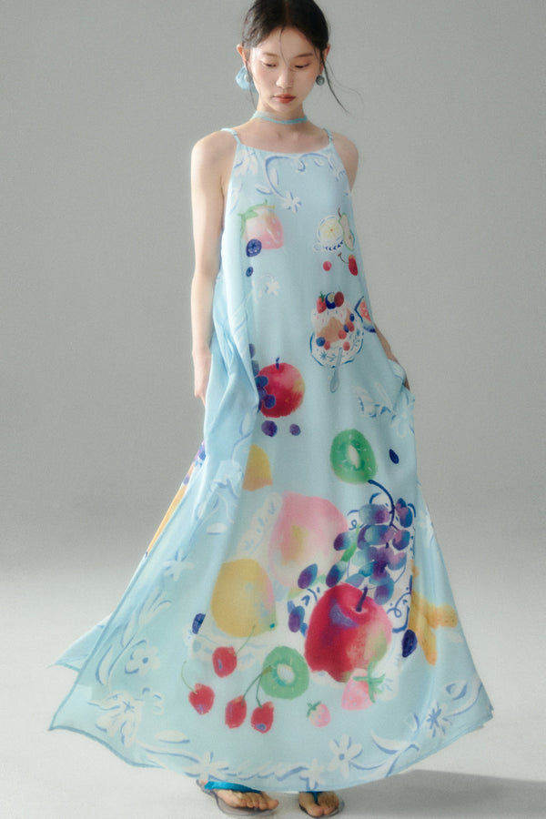 Hand-Painted Fruit Print Slip Dress