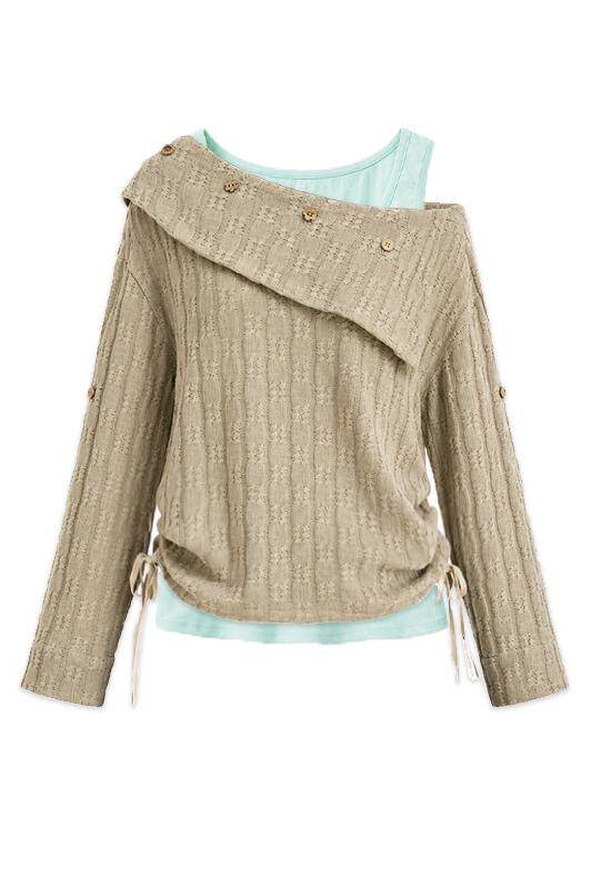 Brown Off-Shoulder Sweater and Mint Green Camisole Set