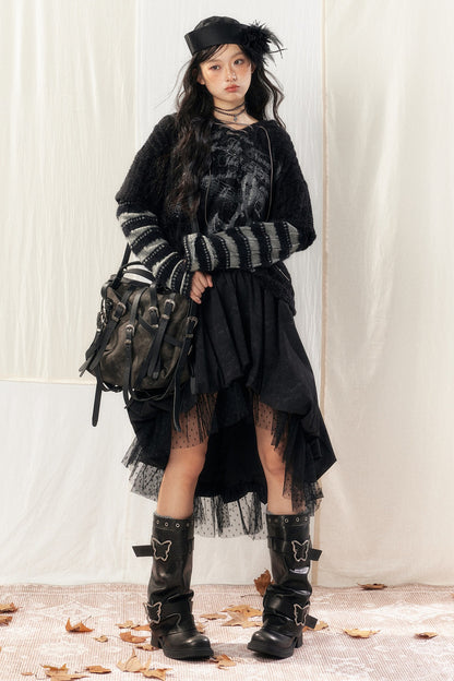 Light Striped Patchwork Hooded Knit Sweater
