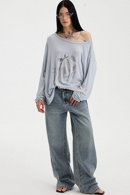 Distressed Rhinestone Off-Shoulder Top