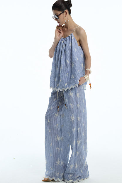 Gray-Blue Jacquard Halter Camisole and Shorts Set-Up