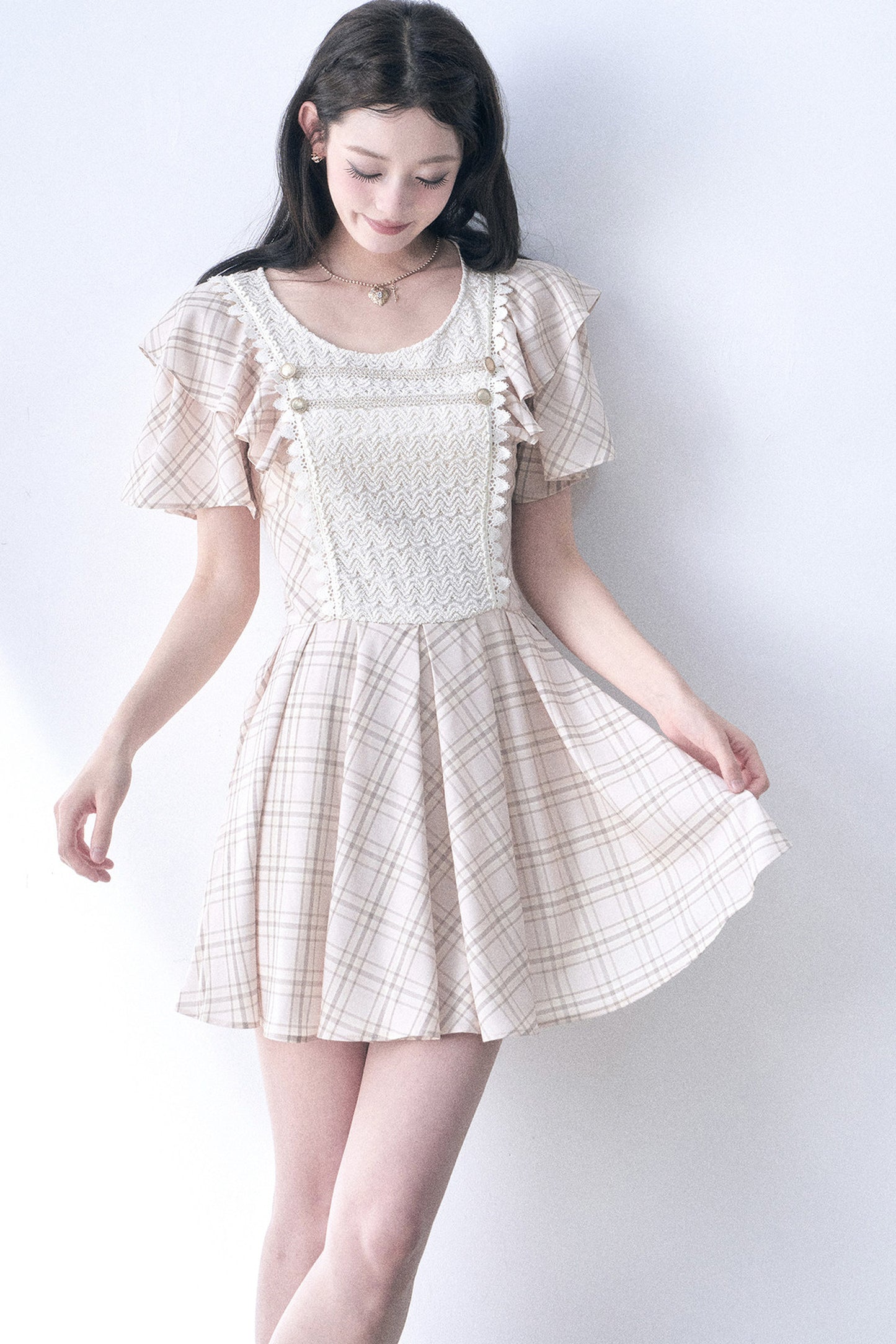 Knitted Patchwork Plaid Flutter-Sleeve Dress