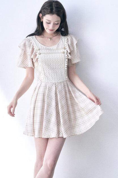 Knitted Patchwork Plaid Flutter-Sleeve Dress
