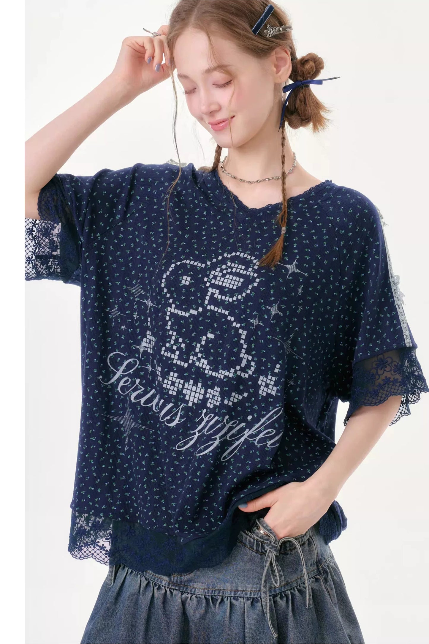 Dark Blue Floral Lace V-Neck T-Shirt