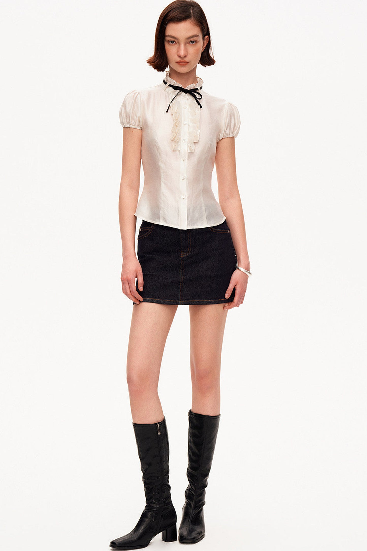 White Tencel Satin Puff Sleeve T-Shirt