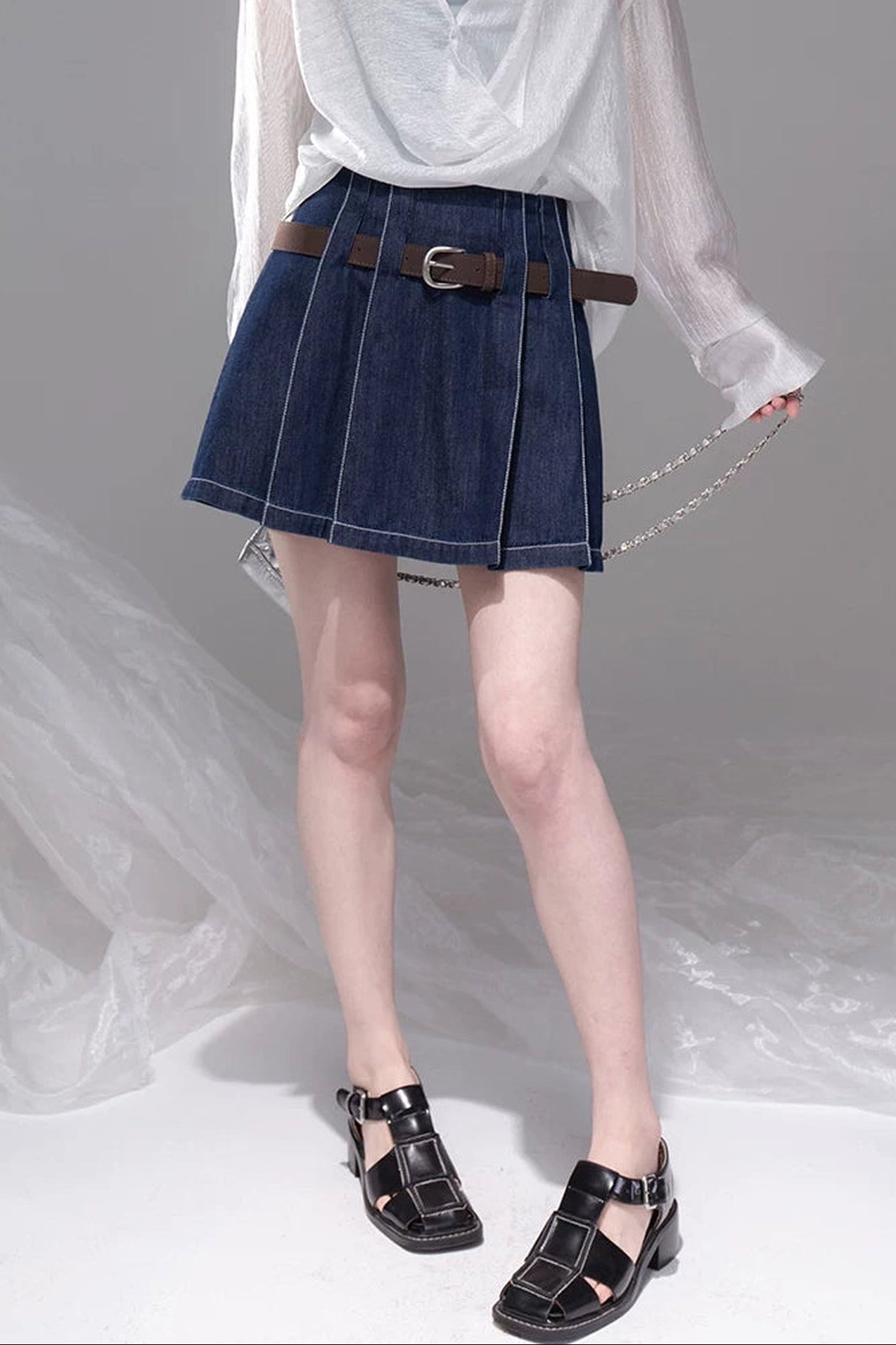 Night Blue Pleated Denim Skirt
