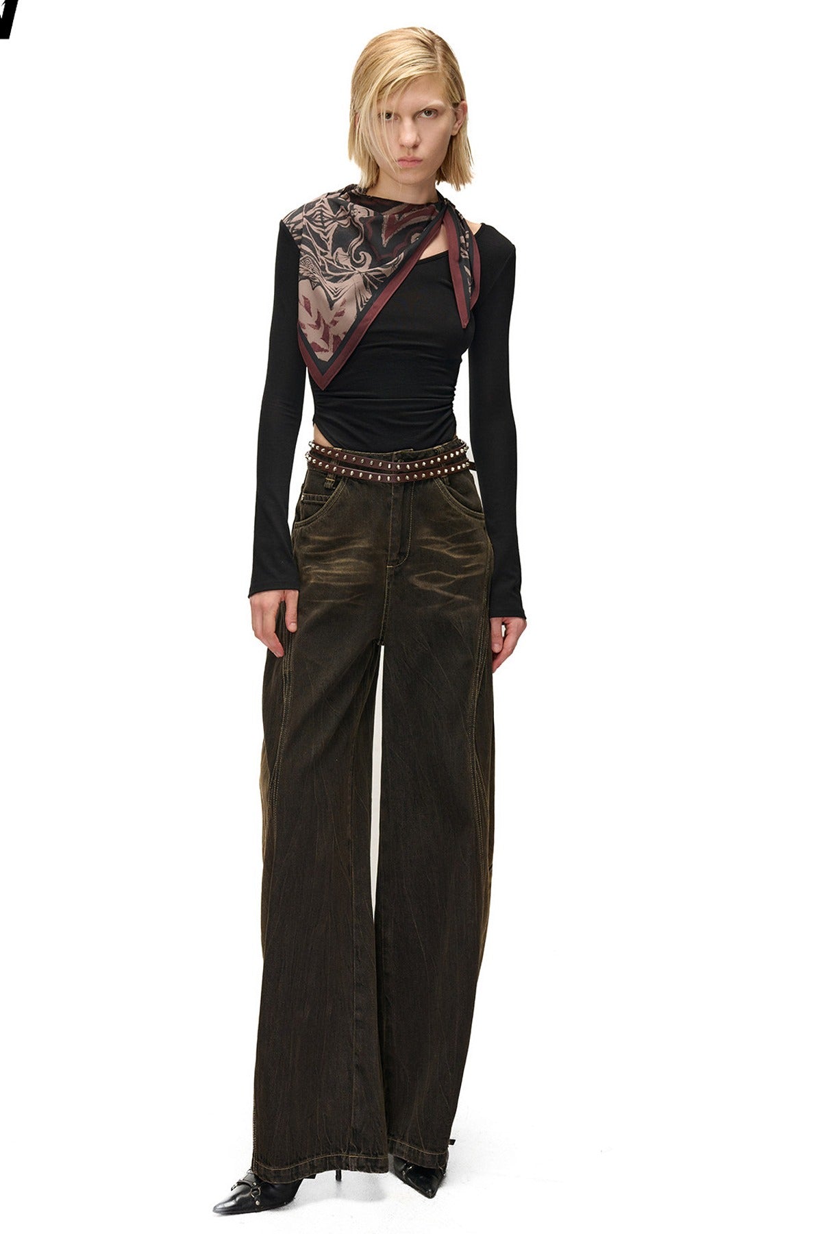 Printed Scarf Spliced Layered-Look Long-Sleeved Shirt