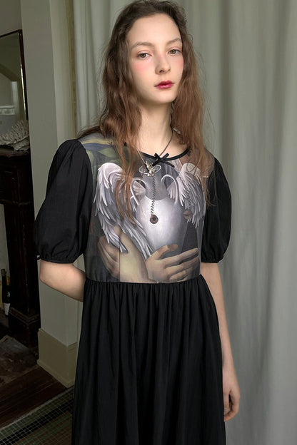 Tempera Oil Painting Print Short-Sleeved Dress