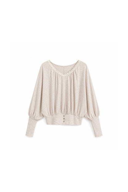 Camel Pink V-Neck Batwing Sleeve Knit Top
