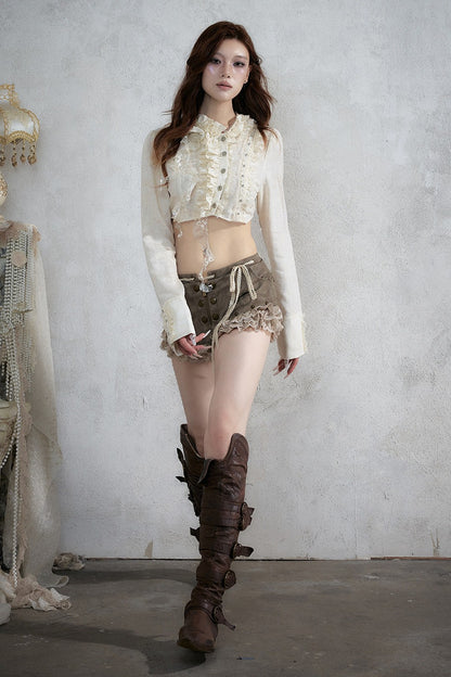 Asymmetric Polka Dot Striped Lace Shirt
