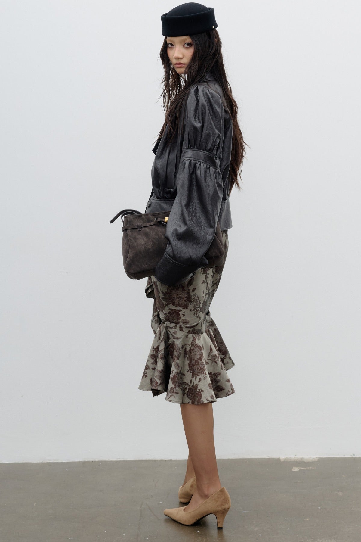 Puff Sleeve PU Leather Silhouette Jacket