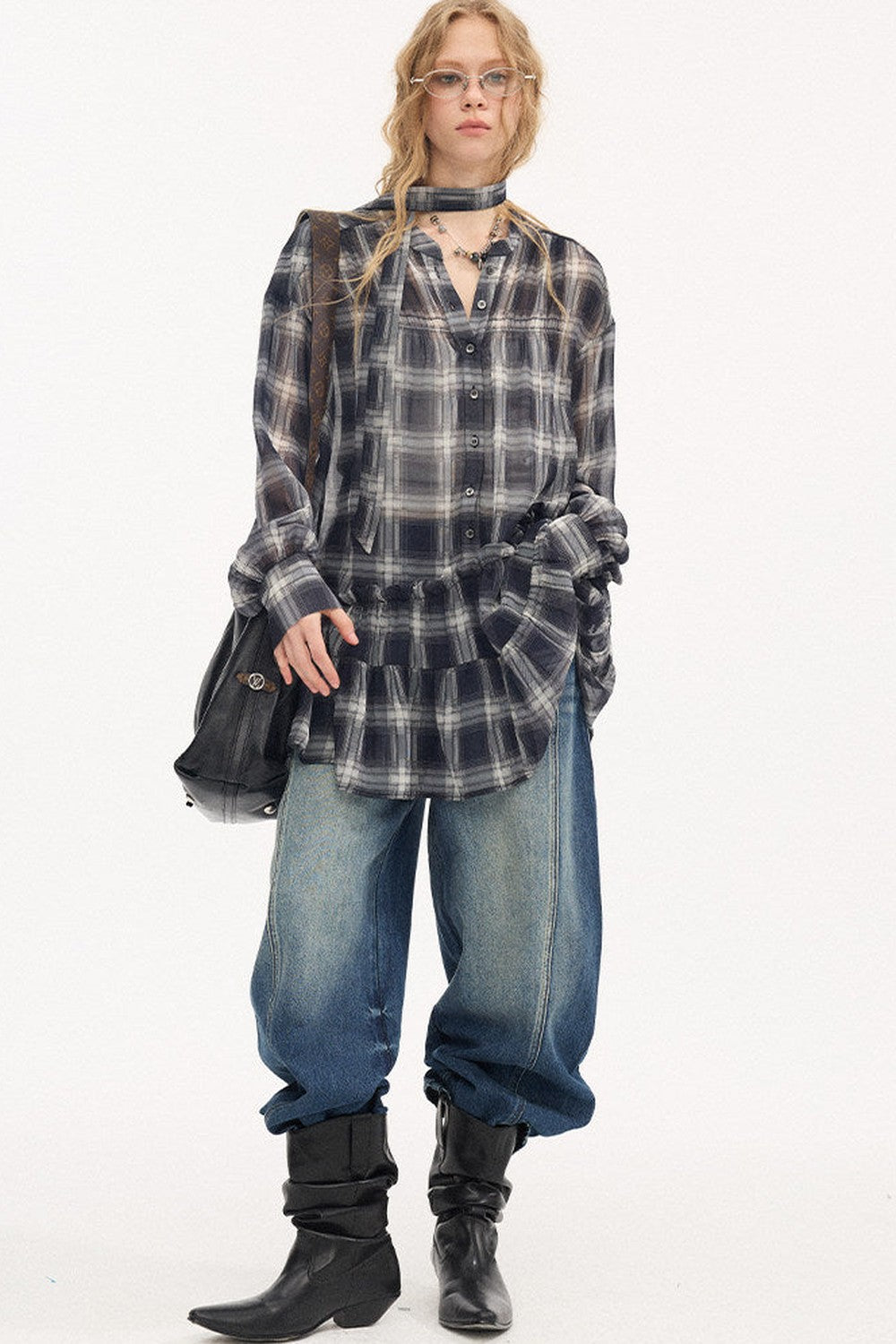 Drop Shoulder Plaid Blouse