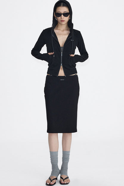 Hooded Zip Sweatshirt And Skirt Set-Up
