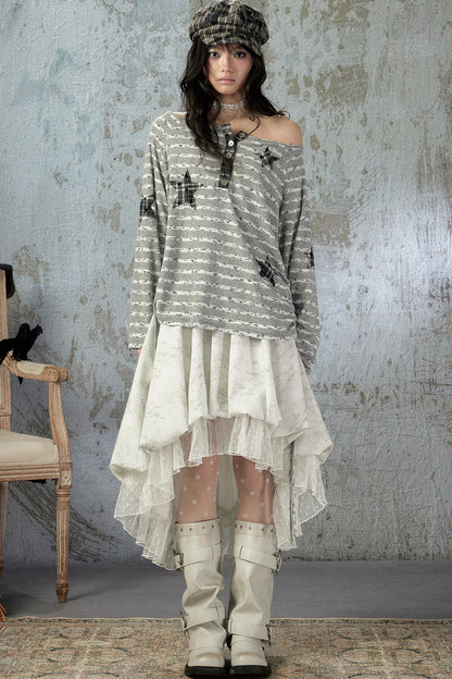Striped Off-Shoulder Long-Sleeve T-Shirt