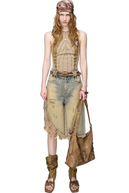 Washed Riveted Patchwork Vest