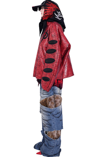 Red Cracked Leather Oversized Jacket