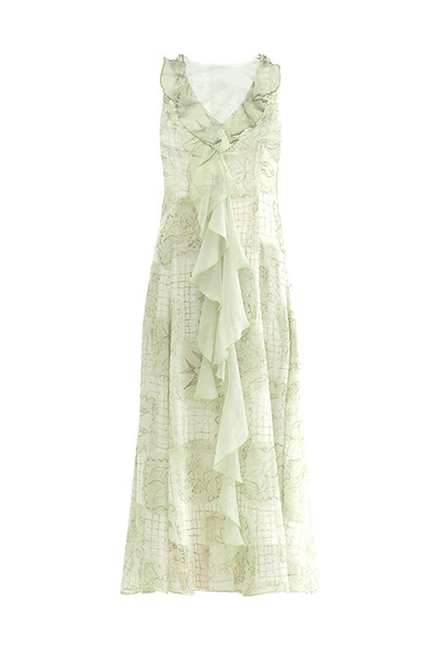 Ruffled Chiffon Grid Long Dress