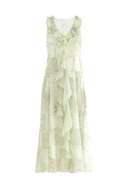 Ruffled Chiffon Grid Long Dress