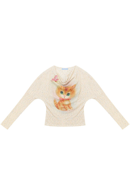 Cat Print Flutter Collar Blouse