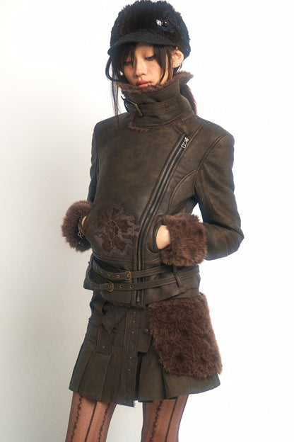 Vintage Millennium Embroidery Windproof Warm Fur Jacket