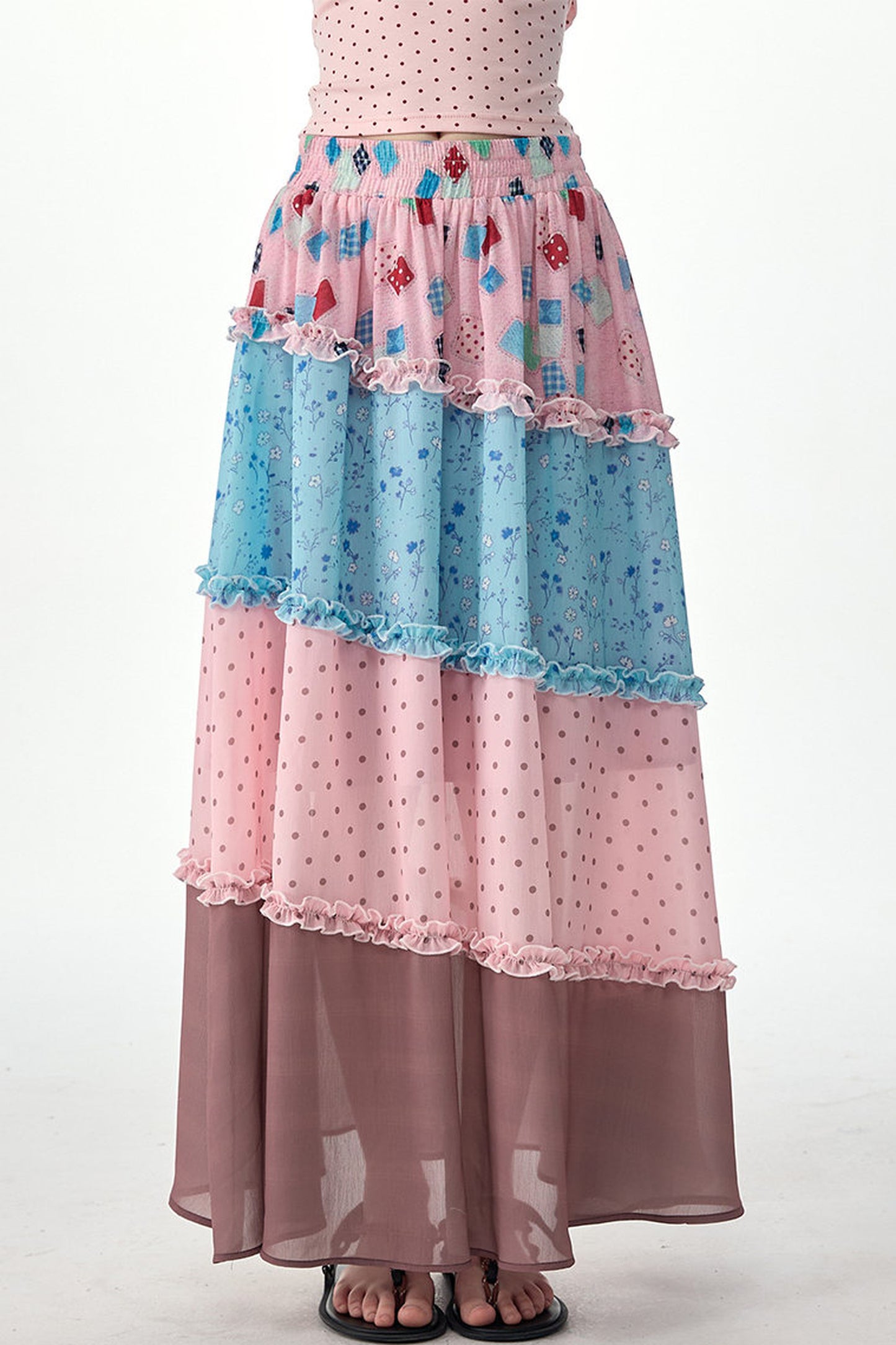 Pink Floral Polka Dot Tiered Maxi Skirt