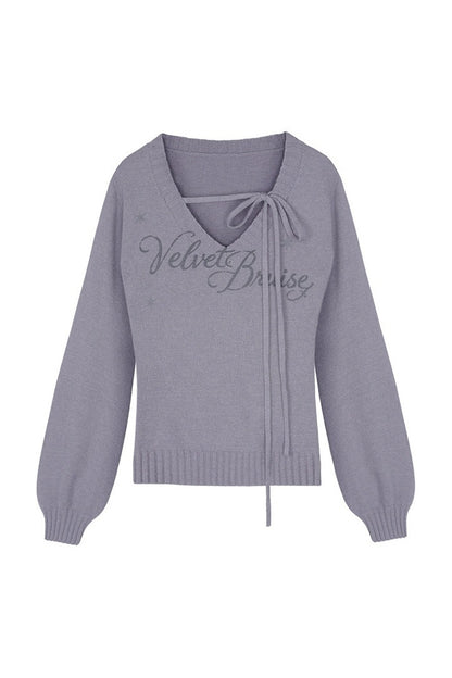 Schwarz-violetter Pullover mit V-Ausschnitt und Bindeband