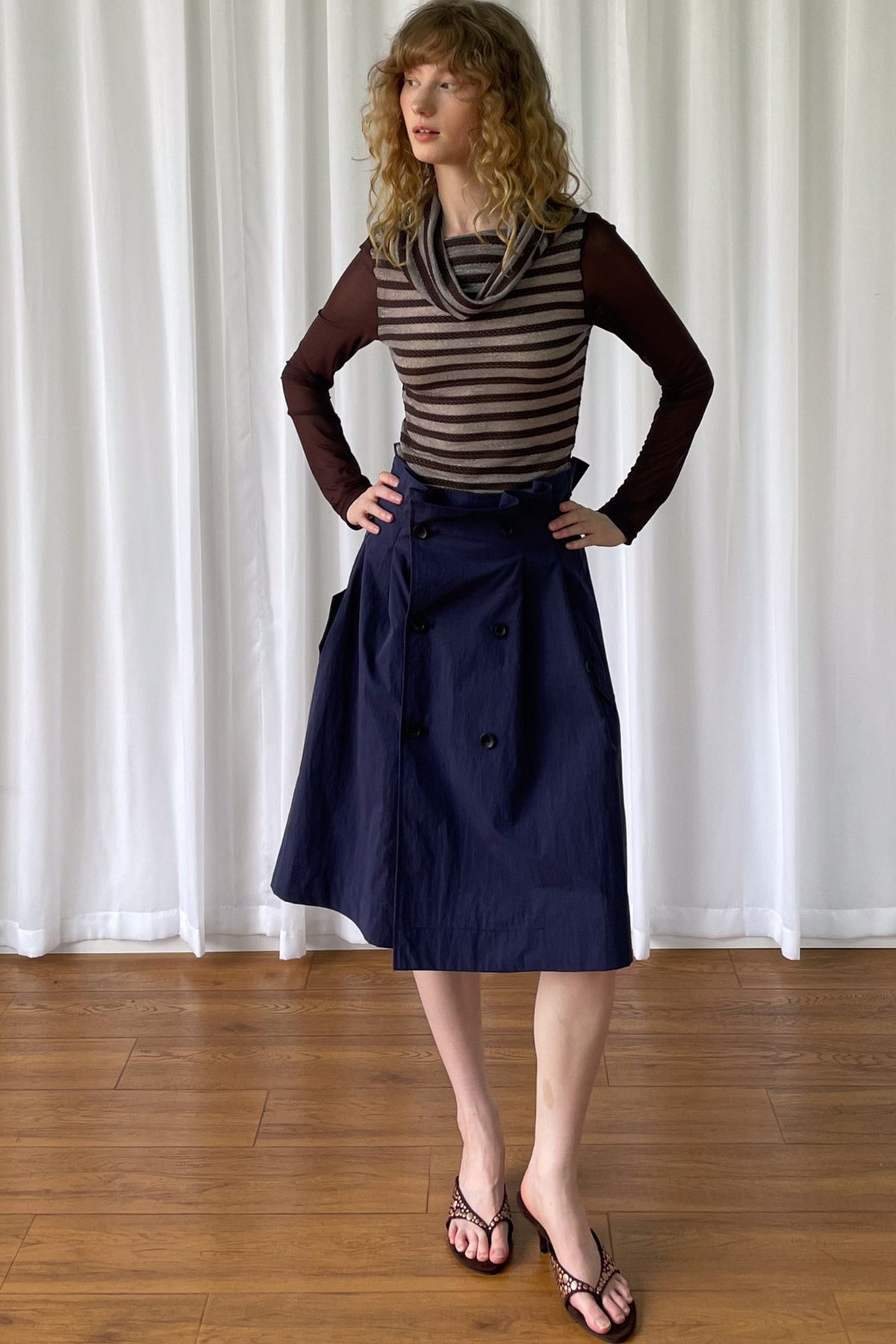 Spliced Striped Cowl Neck Long-Sleeve Blouse