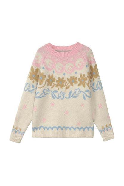 Retro Fair Isle Floral Jacquard Wool Sweater