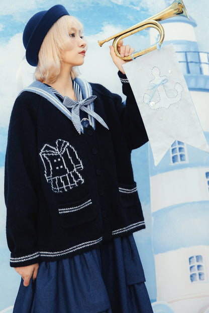 Scissors Pattern Sailor Collar Knit Cardigan