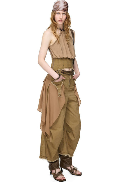 Washed Khaki Patchwork Halter Corset