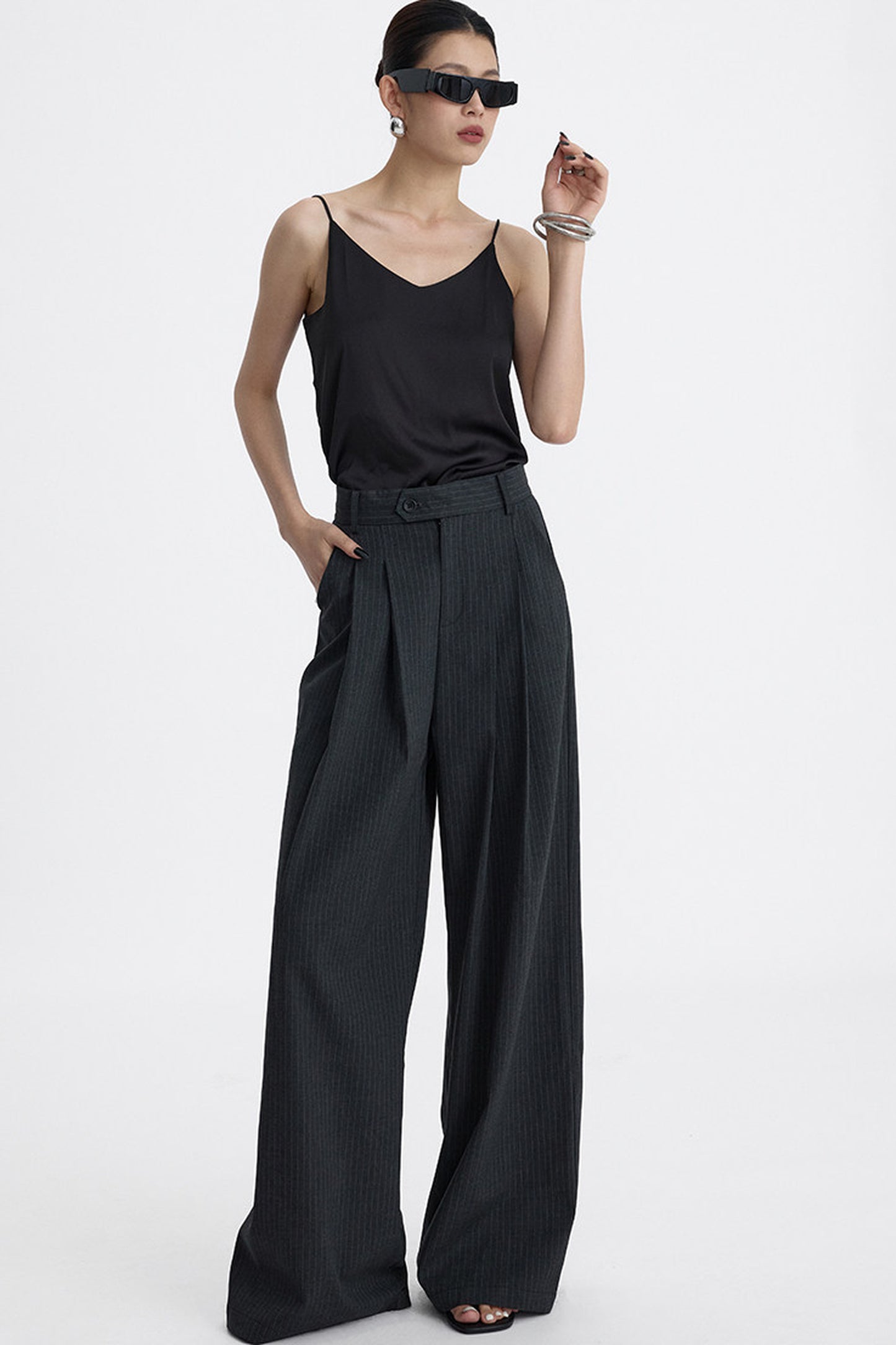 Pleated Pinstripe Wide-Leg Trousers