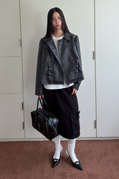 Double-Breasted Bow Pocket Leather Jacket